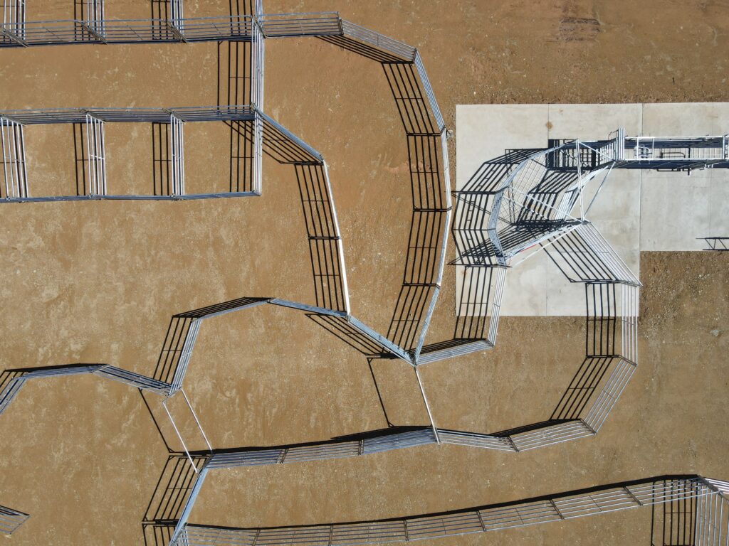 Aerial view of a sheep kraal for up to 400 animals with a sweep tub, weigh crate and handling equipment.